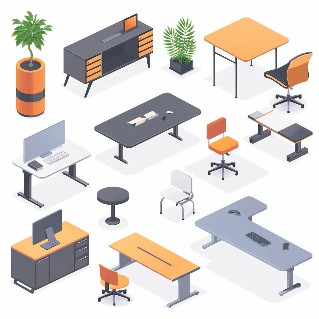 Different types of office tables including straight, L-shaped, sit-stand, executive, and conference tables in realistic settings
