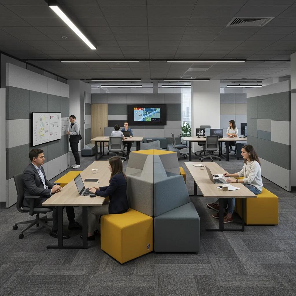 Well-planned collaborative workspace showing distinct zones for teamwork and focus
