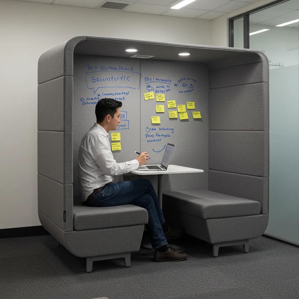 Small acoustic pod next to writable surfaces for focused work and rapid ideation