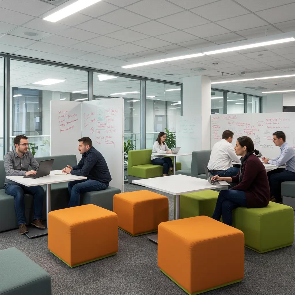 Flexible communal breakout area for informal meetings and collaboration