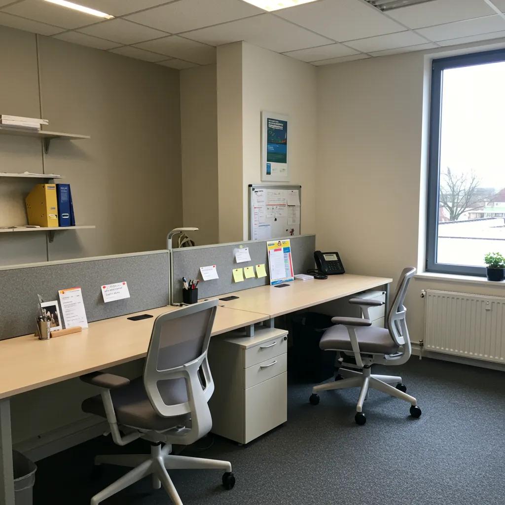 A cozy small office space featuring a thoughtful mix of new and refurbished furniture, showcasing a budget-friendly yet stylish design