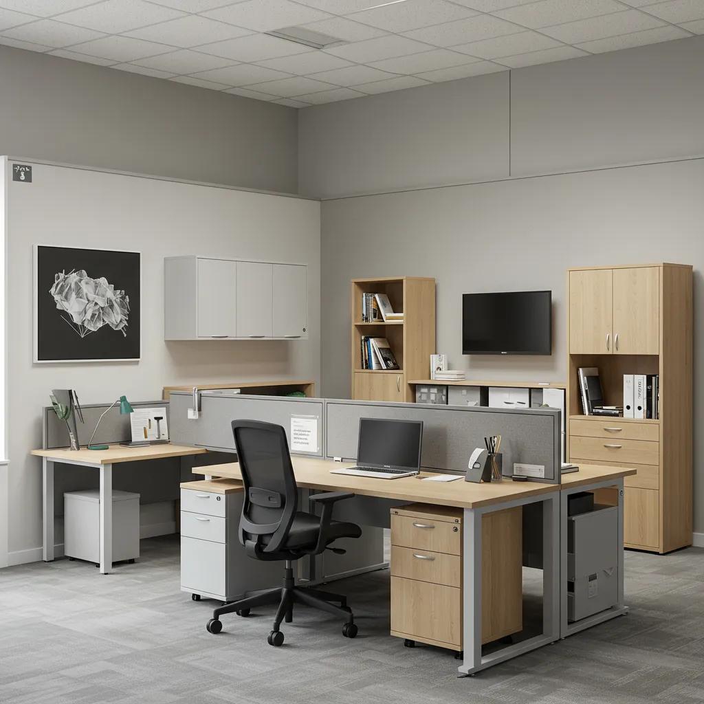 A display showcasing comprehensive office furniture packages, featuring desks, chairs, and storage solutions