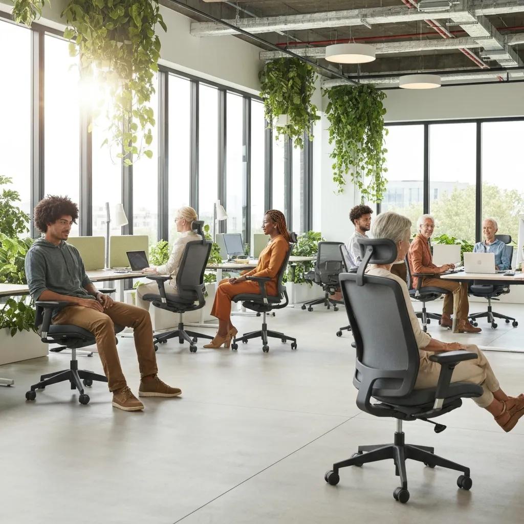 Diverse individuals using ergonomic office chairs in a bright, modern office environment