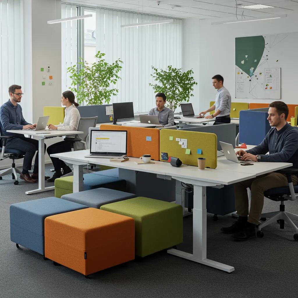 Colleagues using collaborative office furniture, illustrating productivity and wellbeing in a modern office