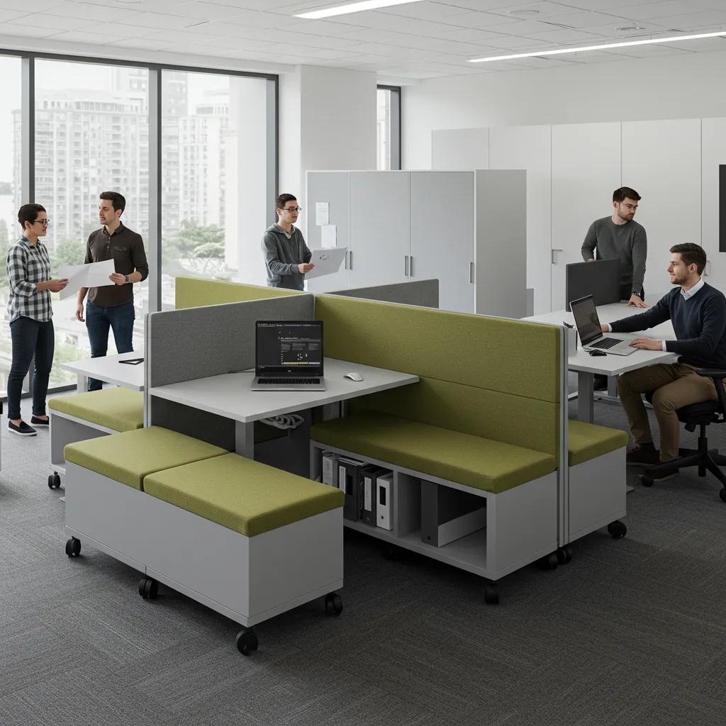 Flexible modular furniture layout illustrating adaptability for hybrid teams