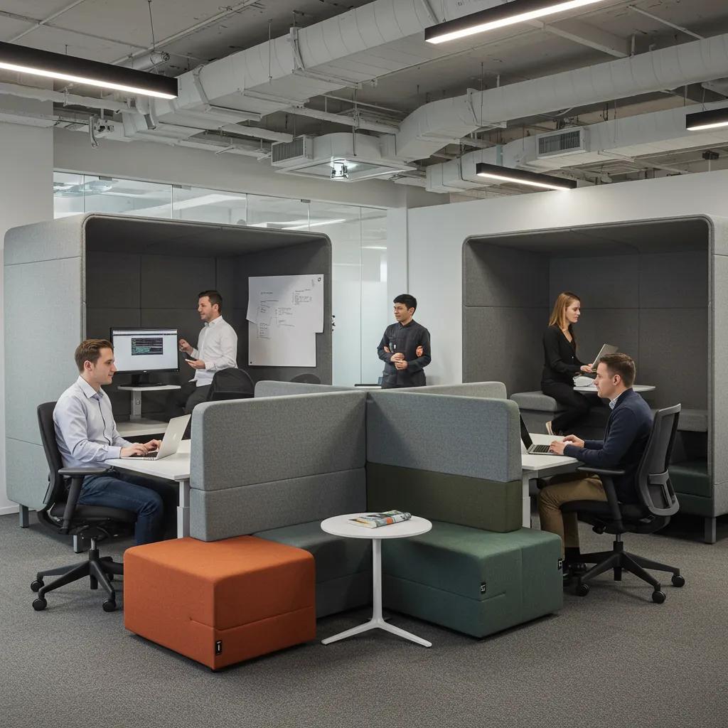 Modern collaborative office furniture in a vibrant workspace with people engaging in discussions