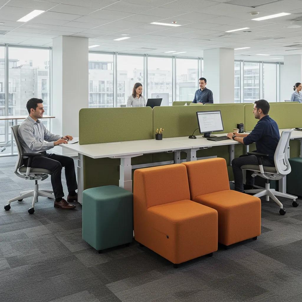 Modern collaborative office furniture setup with height-adjustable desks and ergonomic seating promoting teamwork