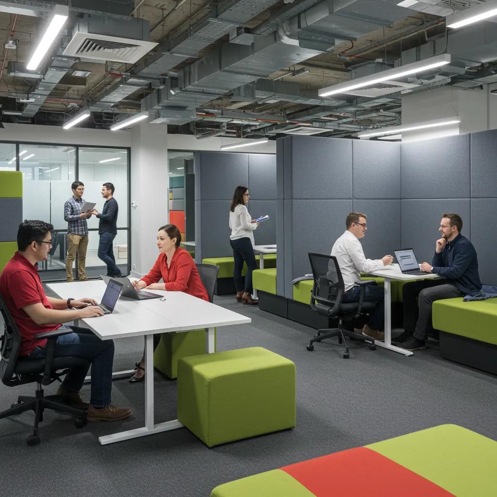 Modern collaborative workspace with diverse professionals engaging in teamwork and creativity