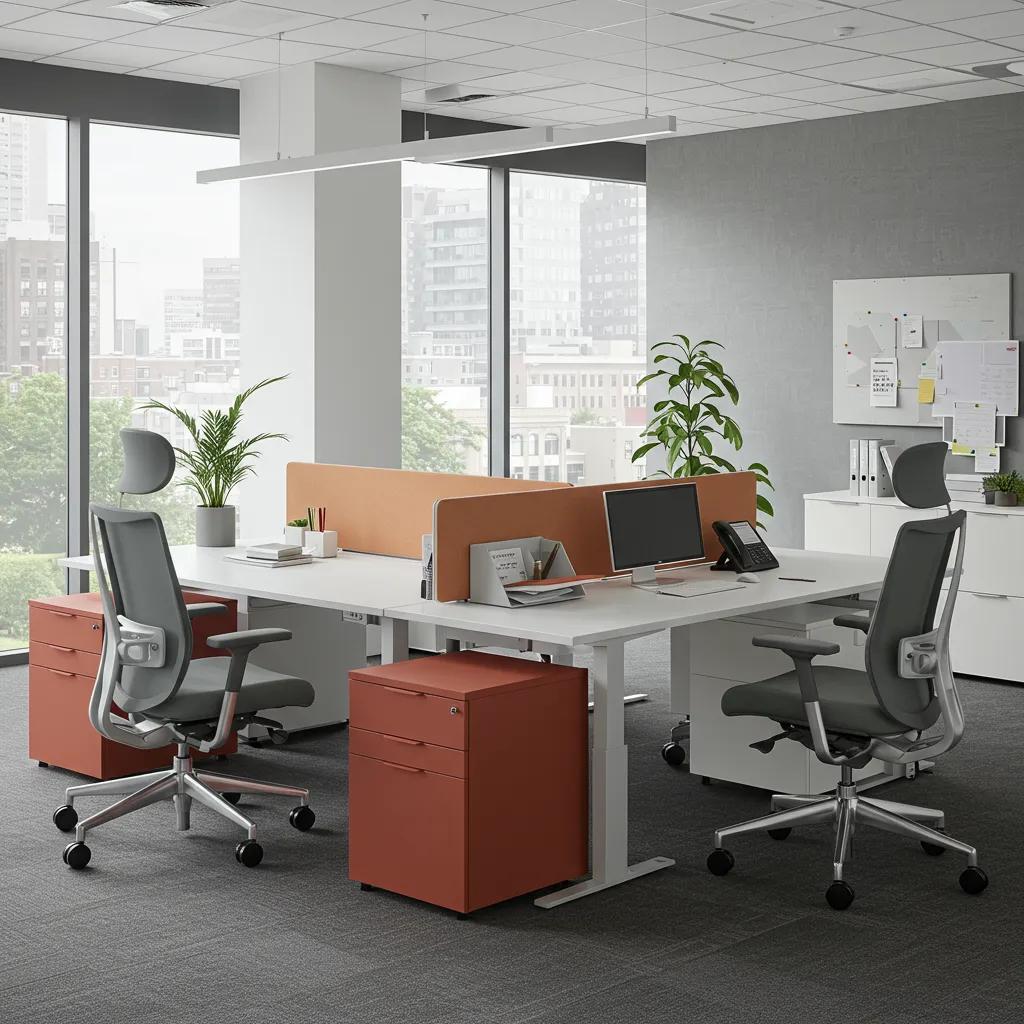 Modern office furniture setup featuring desks, ergonomic chairs, and storage solutions