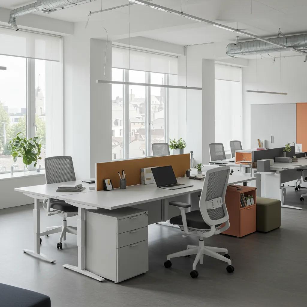 Modern office furniture setup for start-ups, featuring desks and ergonomic chairs