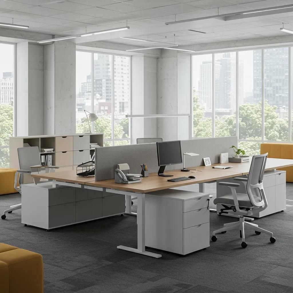 Modern office furniture setup highlighting desks and ergonomic chairs in a bright workspace