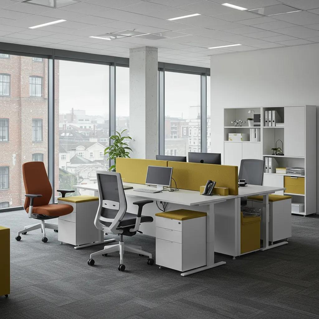 Modern office furniture setup showcasing ergonomic chairs and desks in a bright workspace
