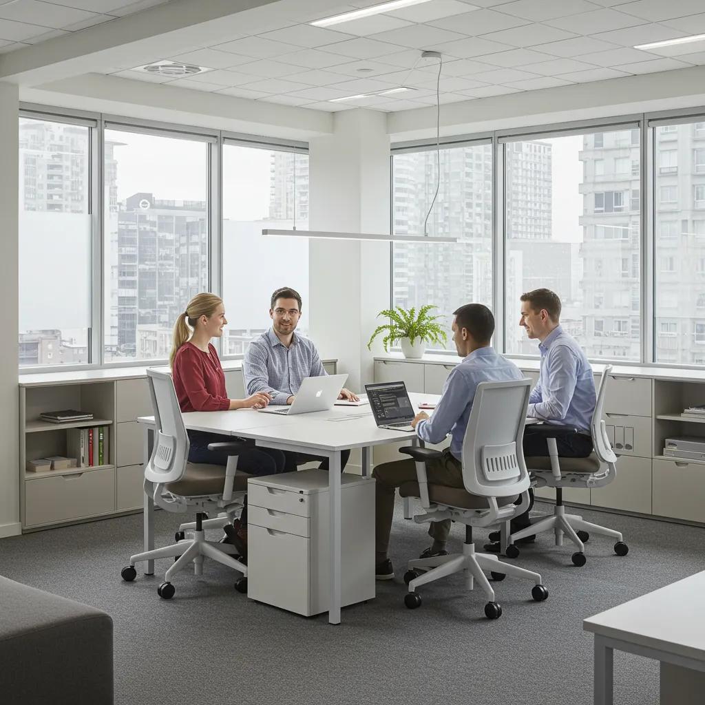 Modern office space with ergonomic chairs and desks, highlighting essential office furniture for small businesses