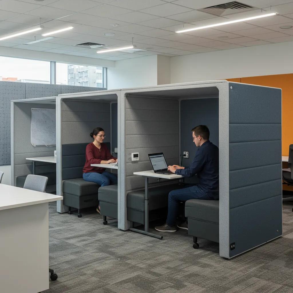 Office pods and acoustic solutions creating private and focused collaboration spaces
