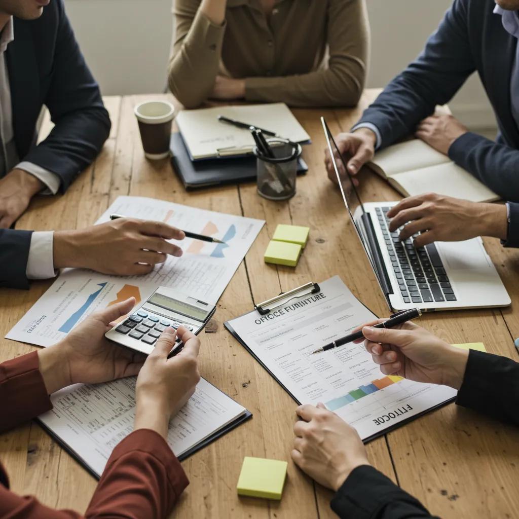 Professionals collaborating on office furniture budgeting in a modern workspace