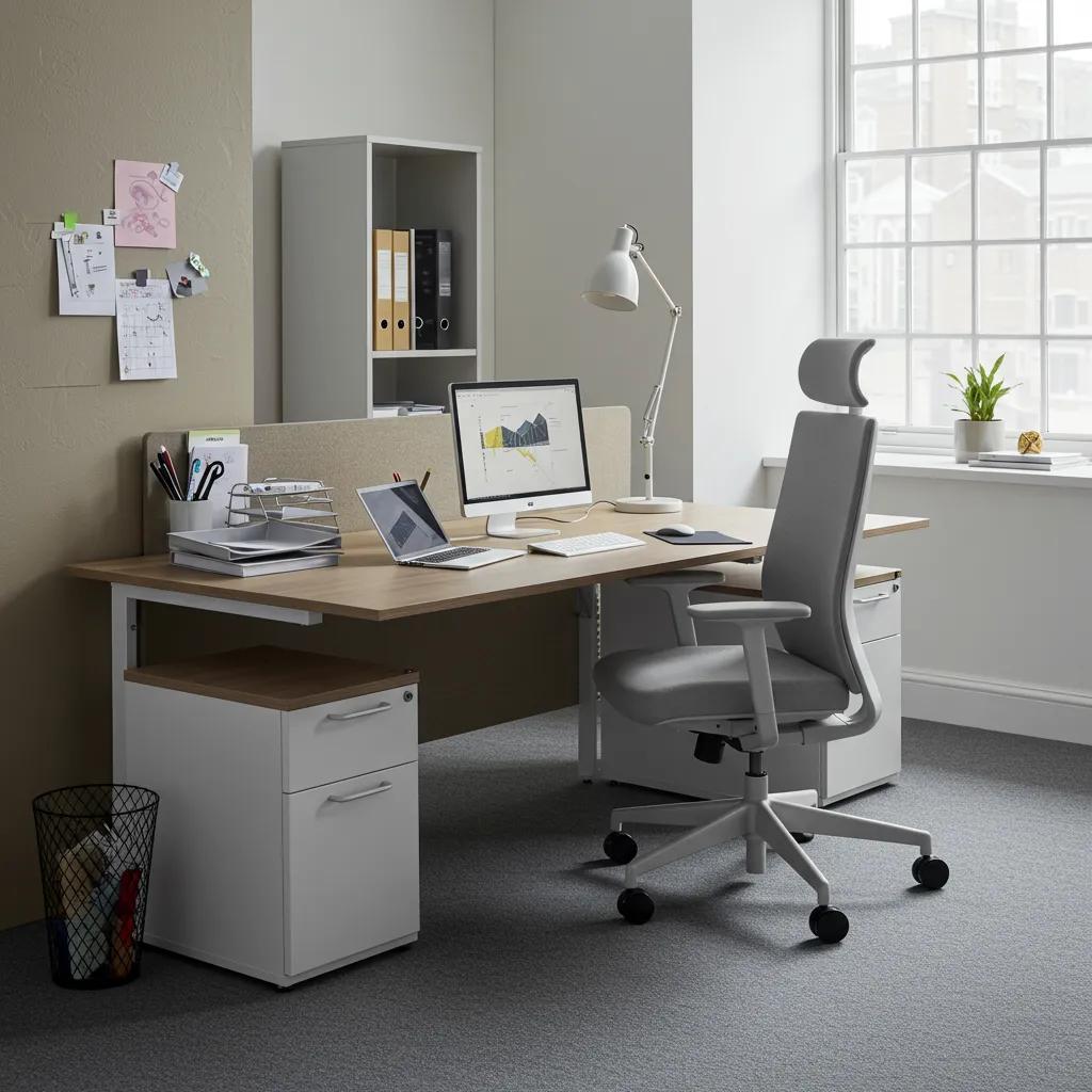 A professional workspace featuring a stylish office desk and an ergonomic chair, highlighting premium furniture quality