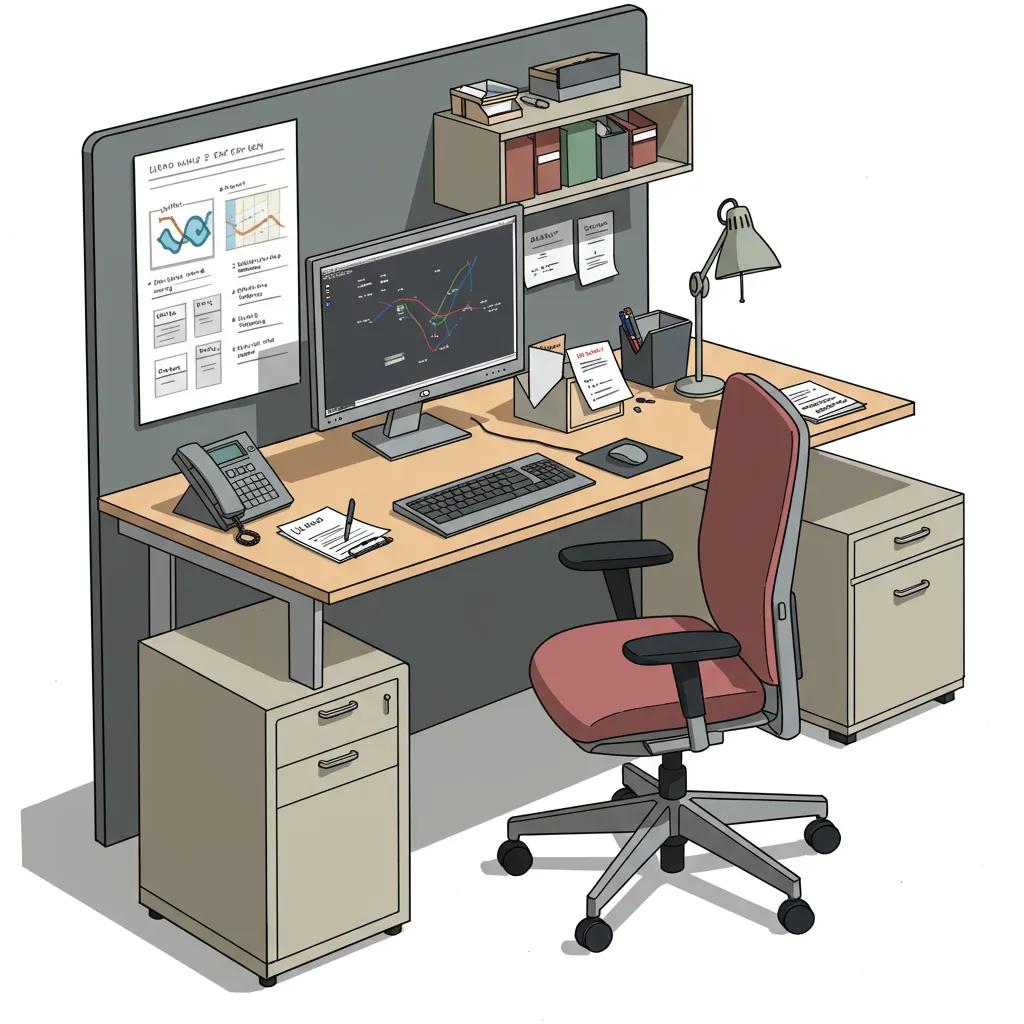 A standard workstation setup, complete with a desk, ergonomic chair, and storage unit