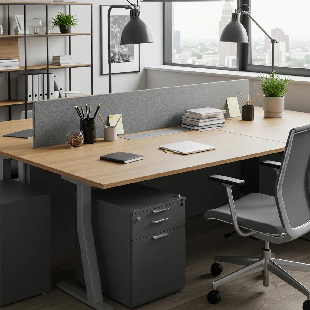 Modern office workstation featuring a wooden desk with ergonomic chair, storage unit, and decorative items, illustrating practical office setup for small businesses.
