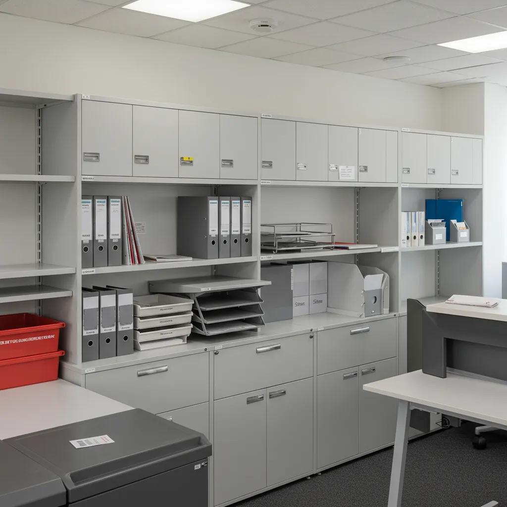 A well-organised office space featuring a variety of storage solutions, including filing cabinets and shelving units.