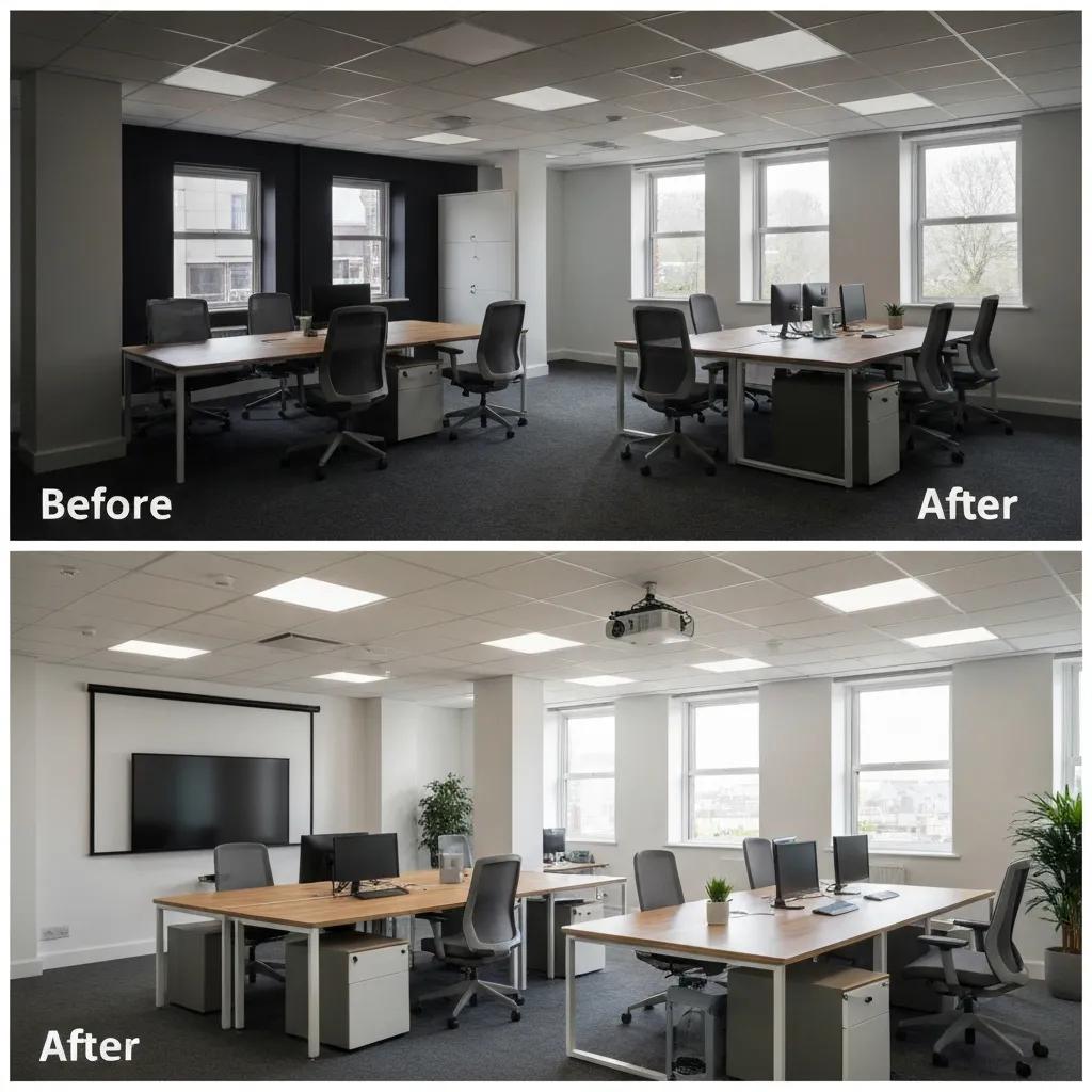 Before and after transformation of an office refurbishment in Darwen, featuring modern ergonomic furniture, improved lighting, and a brighter workspace layout.