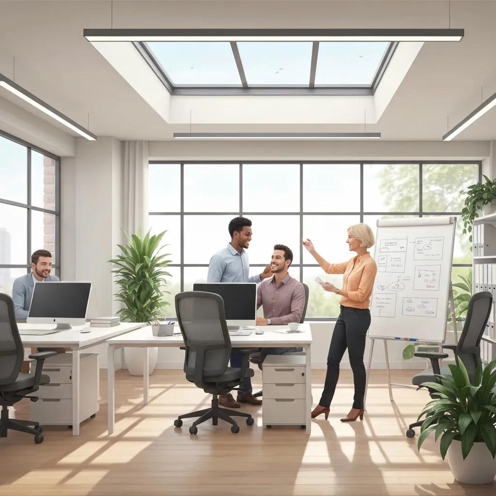 Modern office workspace with collaborative team discussion, ergonomic furniture, large windows for natural light, and a whiteboard illustrating workflow, emphasizing productivity and employee wellbeing in Pendle office design.