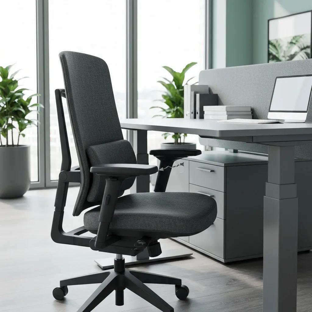 Ergonomic office chair in modern workspace, featuring adjustable lumbar support, sleek design, and greenery in the background, emphasizing productivity and employee well-being.