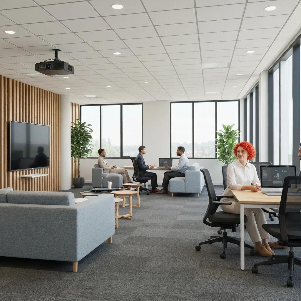 Collaborative workspace featuring sustainable furniture, smart technology, and diverse professionals engaging in teamwork, enhancing productivity and efficiency.
