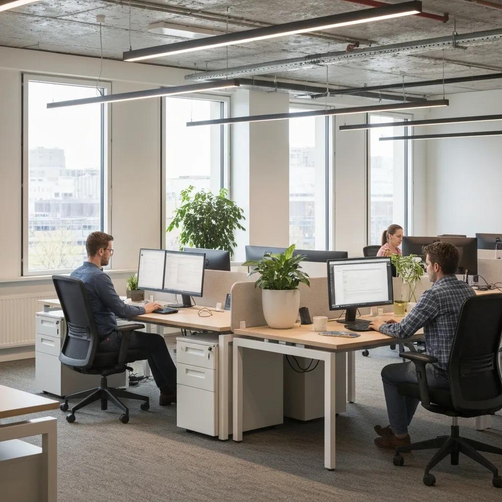 Modern office workspace with ergonomic furniture, featuring two employees at desks with dual monitors, natural light from large windows, and indoor plants promoting productivity and wellbeing.