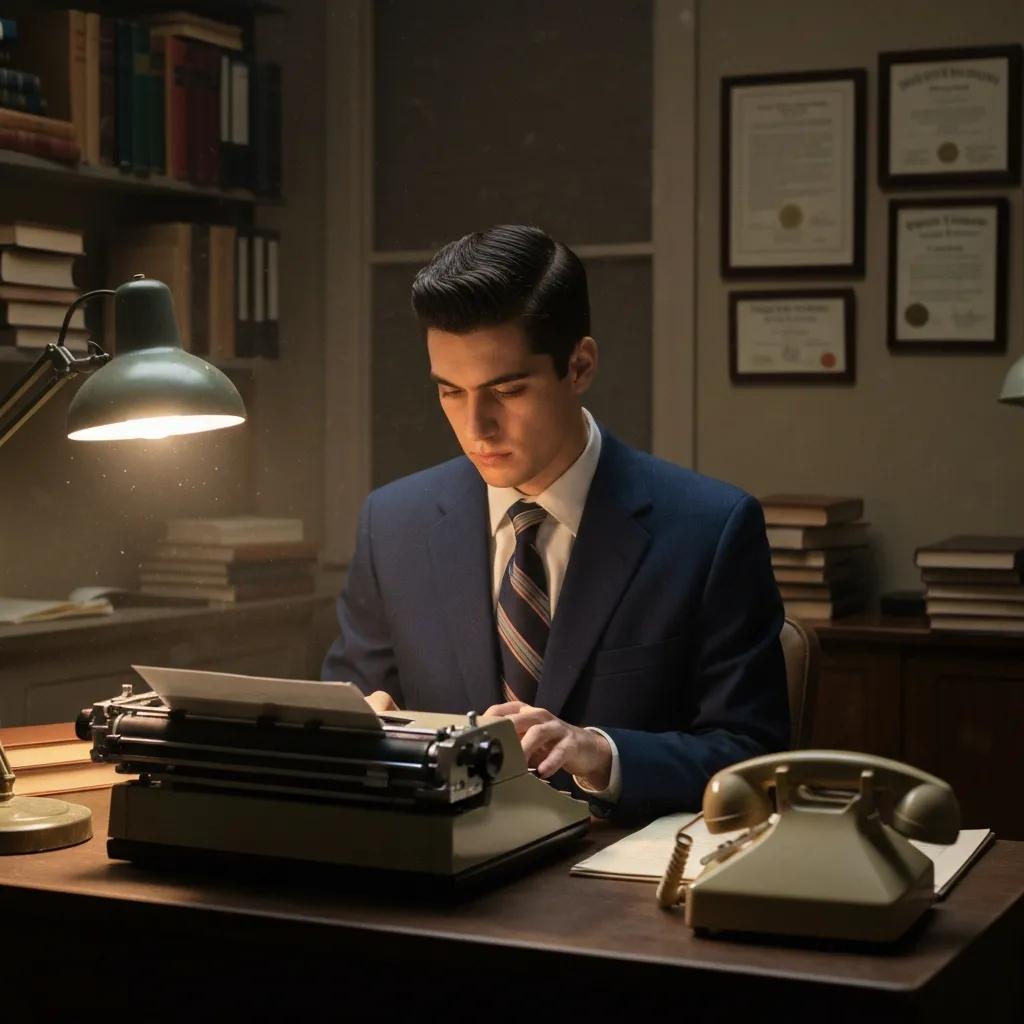 Man in a suit working at a vintage typewriter in a well-lit office, surrounded by books and framed certificates, illustrating a focus on productivity and professional design in workspaces.