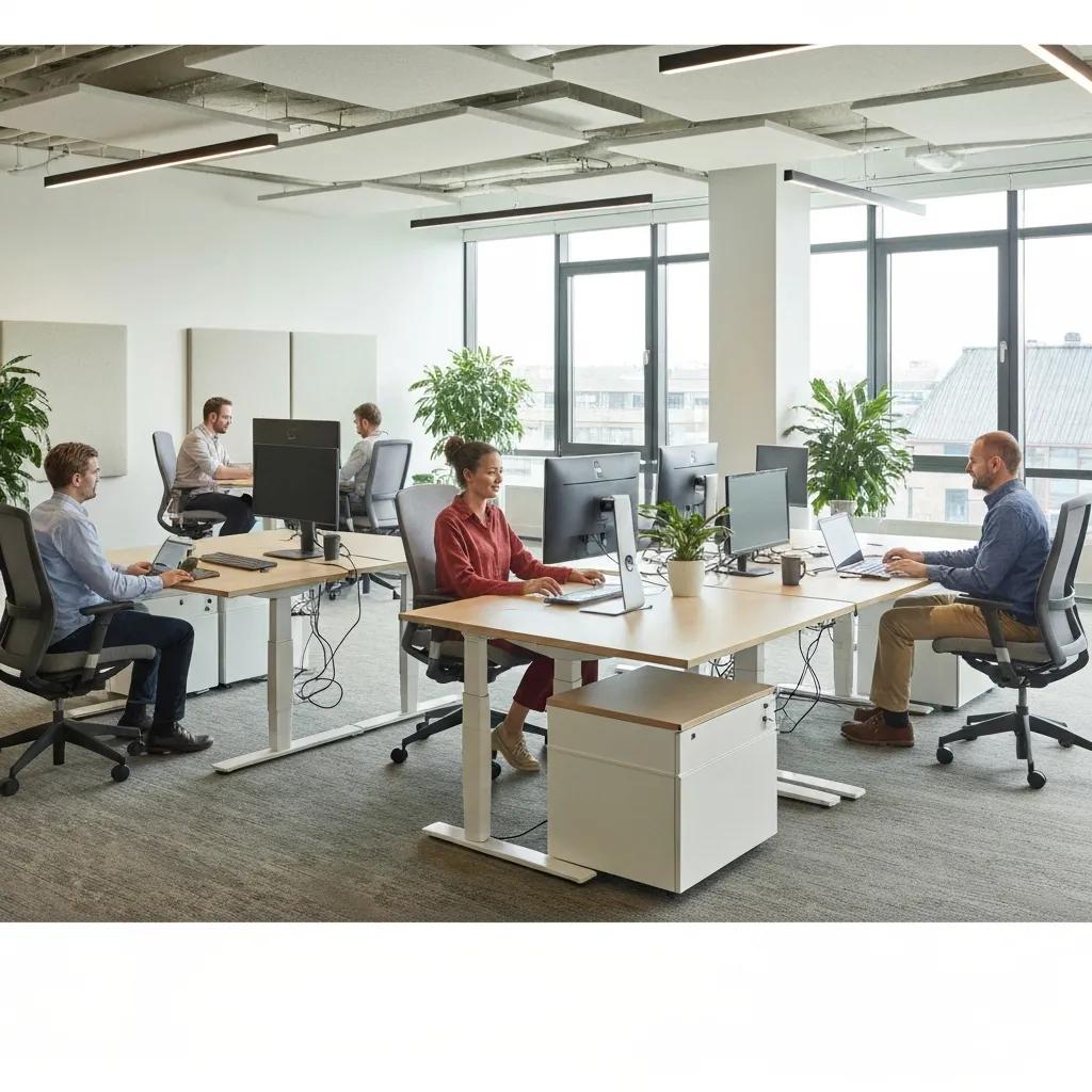 Ergonomic office setup featuring height-adjustable desks, employees working collaboratively in a well-lit environment with plants, promoting productivity and employee wellbeing.