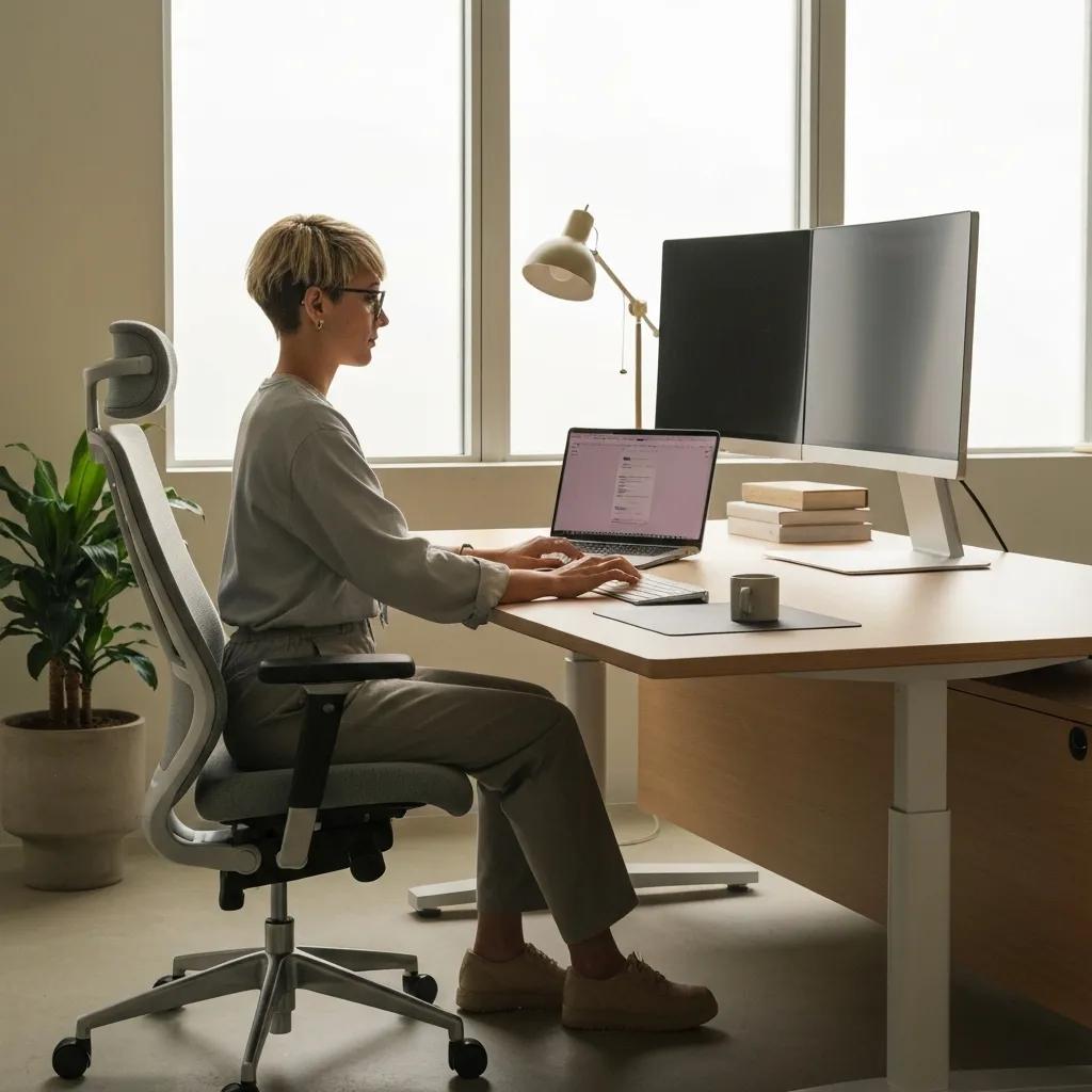 Ergonomic workspace featuring a woman using a laptop at an adjustable desk with dual monitors, supportive chair, and stylish decor, emphasizing productivity and comfort in modern office design.