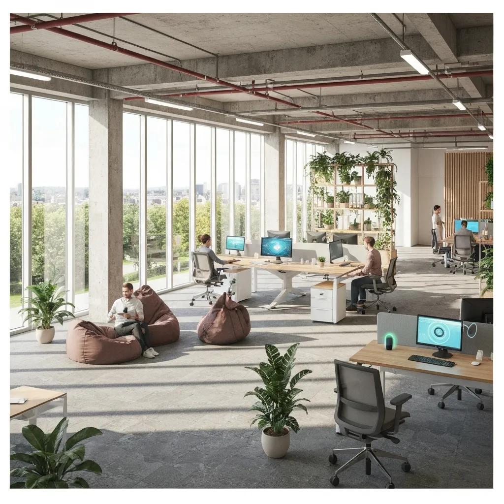 Futuristic office interior featuring ergonomic furniture, large windows with natural light, biophilic design elements, and flexible workspaces ideal for hybrid working in Pendle.