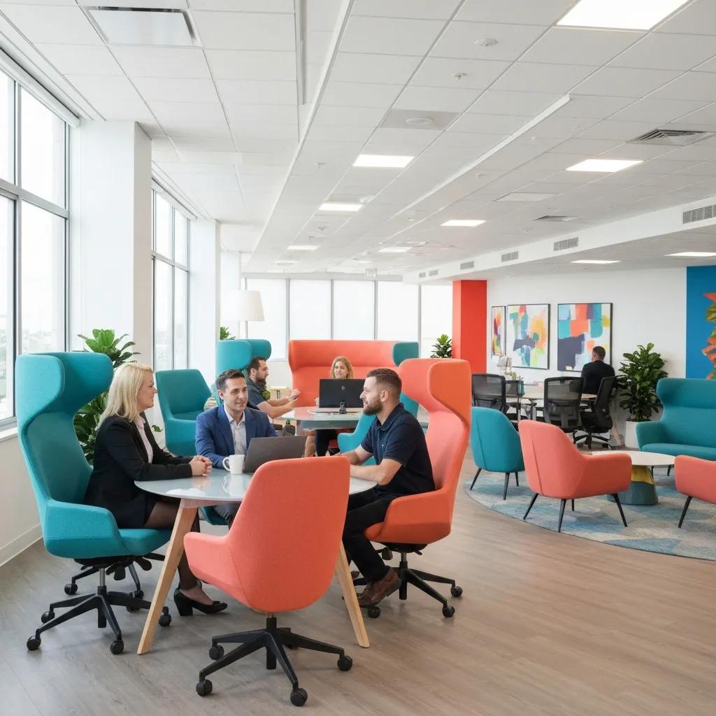 Modern office design featuring collaborative workspace with ergonomic furniture, professionals engaging in discussions, and vibrant decor in a bright, open environment.