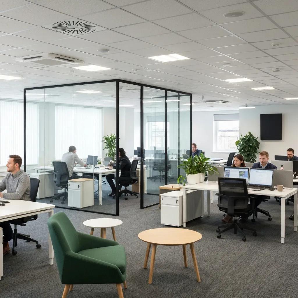 Modern office interior in Accrington featuring ergonomic furniture, biophilic design elements, and collaborative workspaces, highlighting productivity and employee wellbeing.