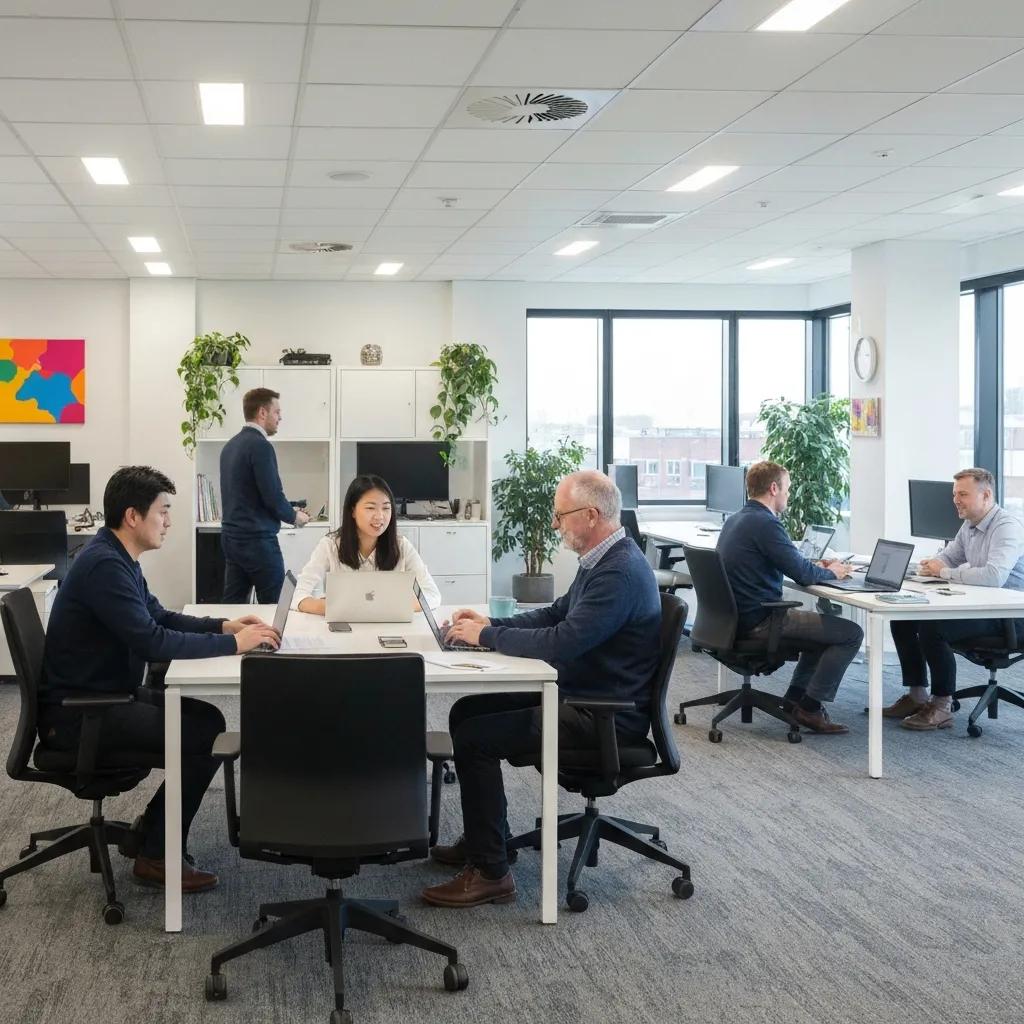 Modern office workspace in Burnley featuring ergonomic furniture, collaborative areas, and professionals engaged in productive work activities.