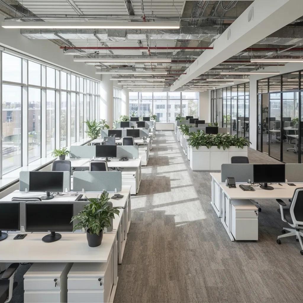 Modern office design in Pendle featuring ergonomic furniture, ample natural light, and greenery, promoting productivity and employee wellbeing.