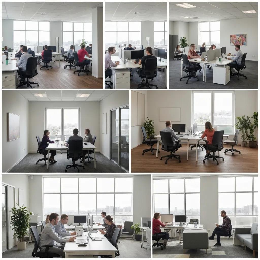 Modern office environment with ergonomic furniture and collaborative spaces, showcasing various workstations and meeting areas designed to enhance productivity and employee wellbeing in Clitheroe.