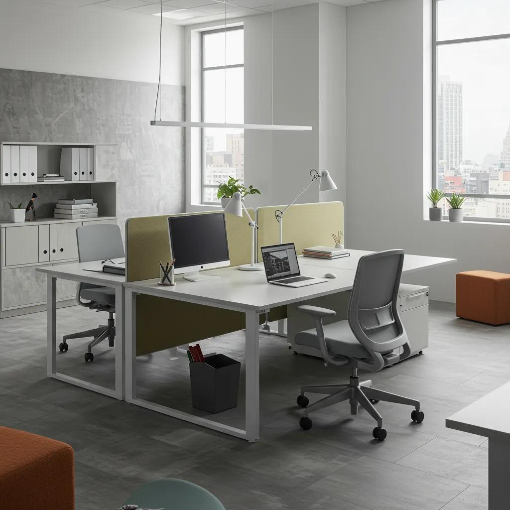 Modern office space with ergonomic desks and chairs, highlighting affordable office furniture solutions