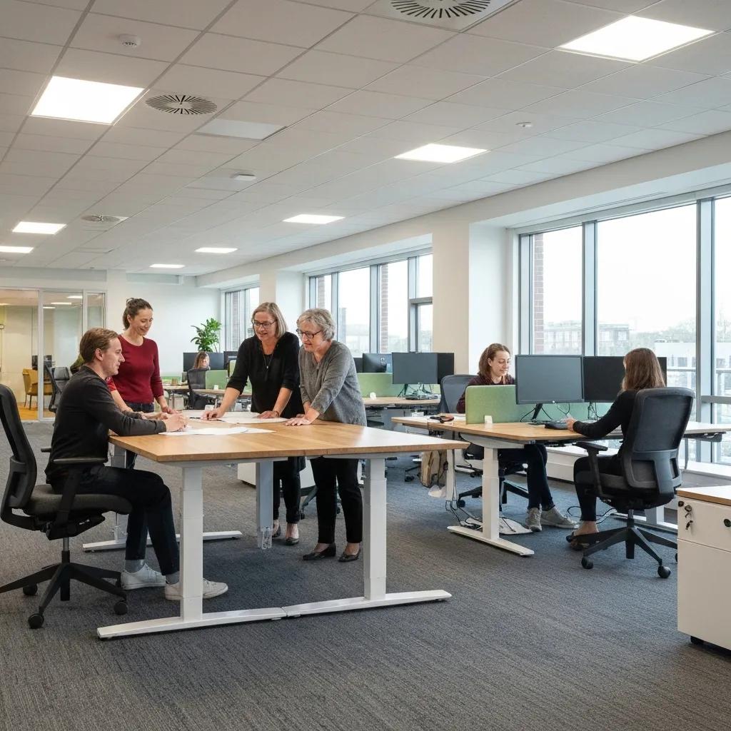 Modern office workspace in Darwen featuring ergonomic furniture, natural light, and collaborative environment with professionals engaged in discussion and planning.