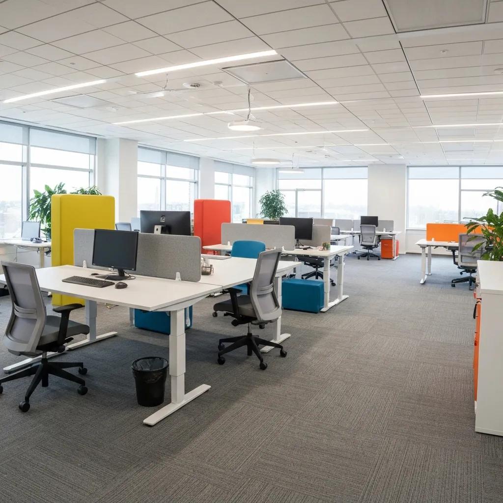 Modern office workspace featuring ergonomic furniture, collaborative areas, and vibrant partitions, designed for productivity and comfort in Ribble Valley.