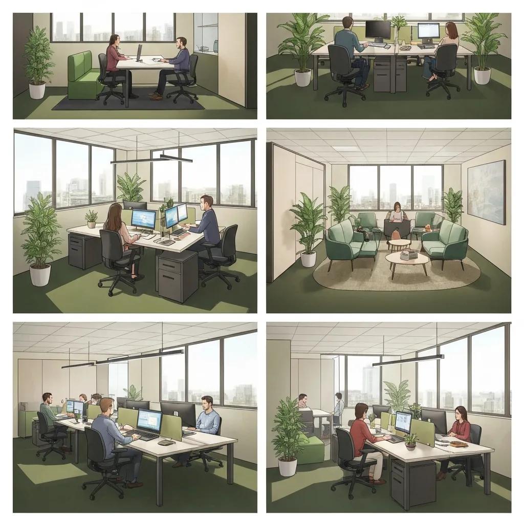 Office layout featuring ergonomic workstations, collaborative spaces, and biophilic design elements, promoting productivity and employee wellbeing through natural light and greenery.