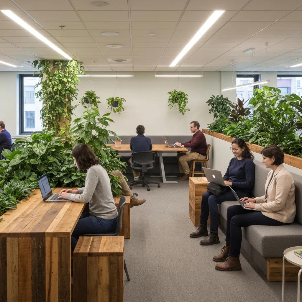 Sustainable office design featuring biophilic elements, reclaimed wood furniture, and employees working in a green workspace promoting wellbeing and productivity.