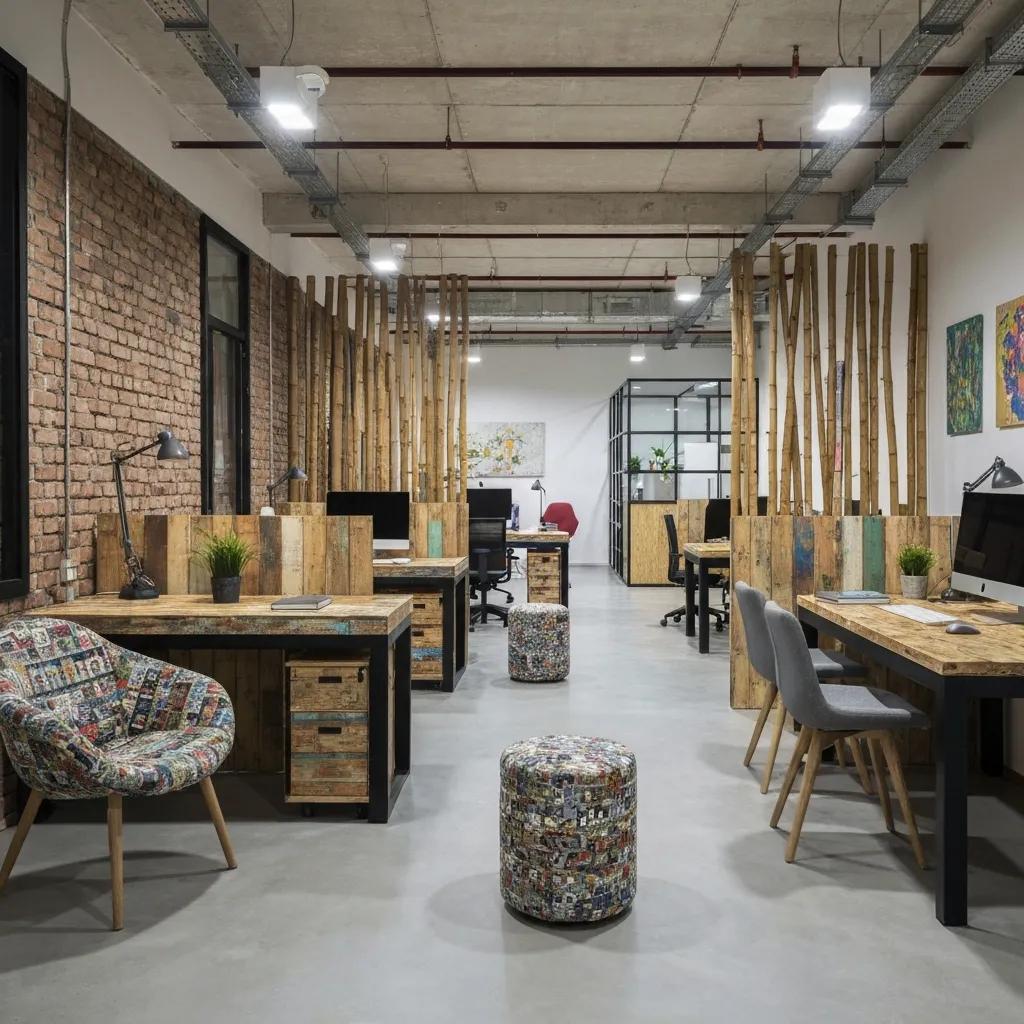 Sustainable office design featuring eco-friendly furniture, modular workstations, and energy-efficient lighting in a flexible workspace.