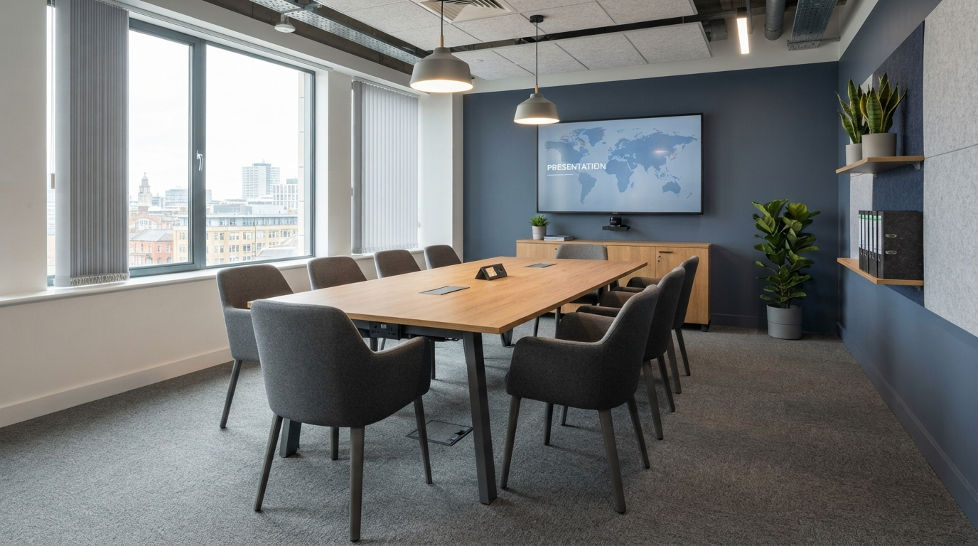 Create a wide, photorealistic image of a contemporary meeting space in a professional UK office. Make a well-proportioned meeting table the clear focus, surrounded by supportive commercial chairs with enough room for people to sit and move comfortably. Include discreet integrated power and cable management, with a presentation screen positioned naturally within the room. The furniture should look durable, practical and attainable for a growing small or medium-sized business. Use warm wood finishes, neutral grey upholstery and subtle navy or muted green accents. Natural daylight, realistic materials, clean commercial interior photography and a welcoming but professional atmosphere. Compose the image from a three-quarter angle so the table shape, seating arrangement and circulation space are clearly visible. No people, text, logos, visible cables, product labels, excessive luxury, distorted furniture or watermarks.